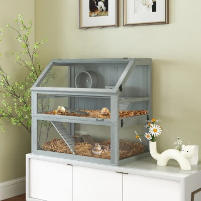 PawHut Jaula para hámsters de madera, 3 niveles con sótano profundo, niveles extraíbles, para pequeños animales, 80x50x76cm, Gris claro