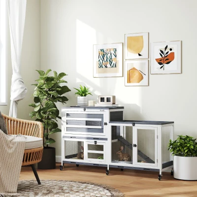 PawHut Conejera de madera de 2 pisos con ruedas, 3 bandejas, para 2-3 conejos, 147x45x89,5 cm, Gris