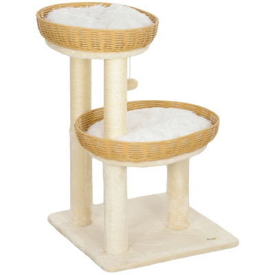 PawHut Arbre à Chat 75,5 cm Rotin Beige avec Griffoirs et Lits