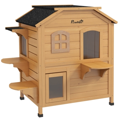 PawHut 2-Story Weatherproof Wooden Cat House Natural Finish