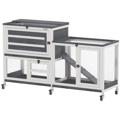 PawHut Clapier Bois 2 Étages avec Roulettes Gris 147x45x89,5 cm