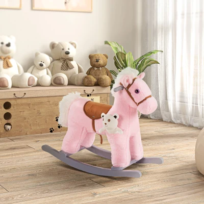 HOMCOM Kids Plush Ride-On Rocking Horse Toy Rocker with Plush Toy Realistic Sounds for Child