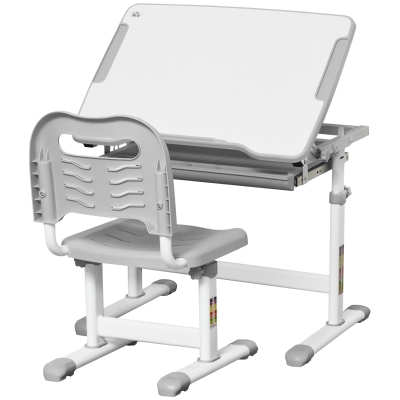 HOMCOM Bureau Enfant Réglable avec Chaise Inclinable Gris Blanc