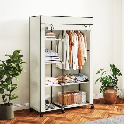 HOMCOM Armario de Tela con Ruedas Ropero Portátil con 6 Estantes y 1 Barra de Colgar para Dormitorio 103x43x162,5cm Crema