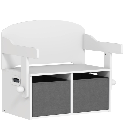 AIYAPLAY Banco Infantil Convertible 3 en 1 Juego de Mesa y Silla Baúl de Juguetes con Cubos de Tela Extraíbles Blanco