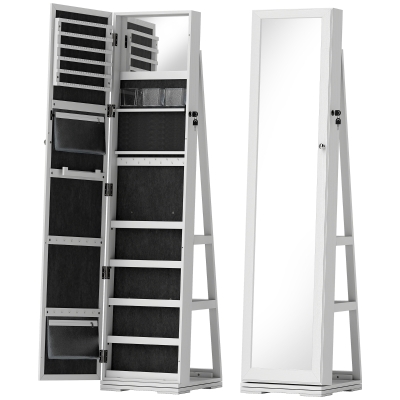 HOMCOM 360° Swivel Jewellery Cabinet, Free Standing Full Length Mirror with Storage, Lockable Jewellery Organiser with Built-in Makeup Mirror and Storage Shelves for Bedroom, White
