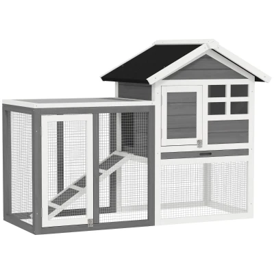 PawHut Coelheira de Madeira Exterior de 2 Níveis com Zona Aberta Teto Asfáltico Bandeja Removível e Rampa 122×62,6×92 cm Cinzento