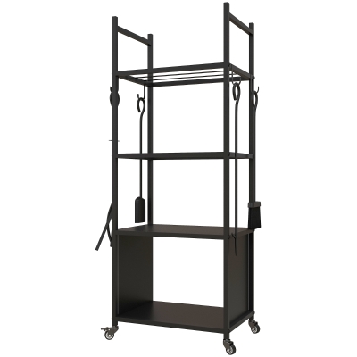 Outsunny Leñero de 4 Niveles Soporte para Leña con Ruedas Pala Atizador Cepillo Tenazas para Interior Exterior 45x30x118 cm Negro