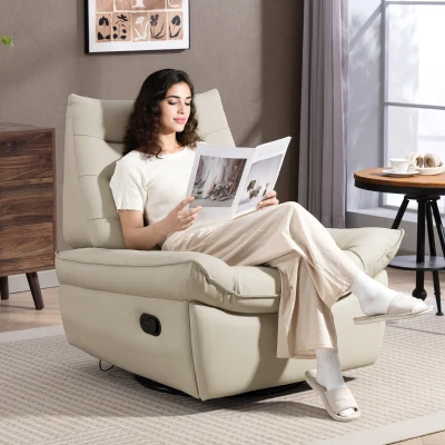 HOMCOM Poltrona Relax Reclinável Manual Giratória Função Baloiço Estofada em PU Reclinável até 135º 97x94x98 cm Creme
