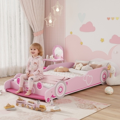 AIYAPLAY Cama Infantil 70x140 cm em Forma de Carro com Barreira de Proteção e Estrado para Crianças de 3-5 Anos Rosa