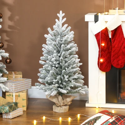 HOMCOM Mini Künstlicher Weihnachtsbaum 90 cm künstlich Tannenbaum mit Schnee, 486 Spitzen Zementbasis Leinenbezug