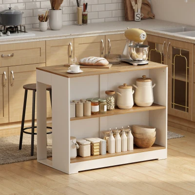 HOMCOM Mesa de bar, mesa alta de cocina de 3 niveles 2 compartimentos abiertos, tablero efecto madera natural 113 x 60 x 90 cm blanco