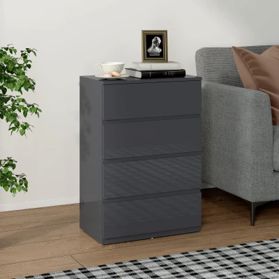 HOMCOM Cómoda 4 cajones, mueble de almacenaje de alto brillo, cierre suave y silencioso, 55 x 34 x 80 cm, gris