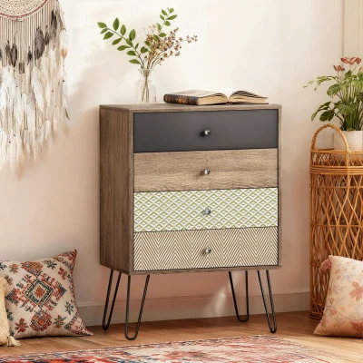 HOMCOM Cómoda 4 Gavetas Cómoda para Quarto com Pés em Forma de V de Aço Estilo Boémio 60x39x86 cm Multicor