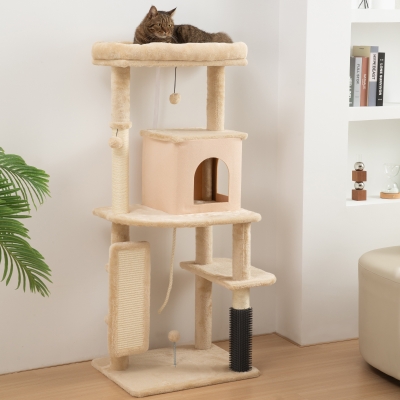 PawHut Arbre à chat, tour de jeux, hauteur de 132 cm, avec lit, maison, brosse de toilettage,  55 x 44 x 132 cm, beige