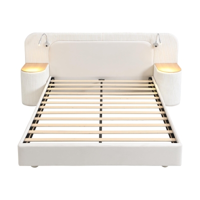 Upholstered 4ft6 Double Bed with Built‑in Bedside Reading Light, Beige