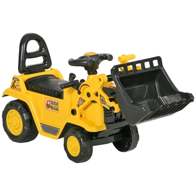 HOMCOM Carro Andador para Crianças Escavadora para Crianças com Pá Dianteira Buzina Volante e Compartimento Oculto 80x26,5x39 cm Amarelo