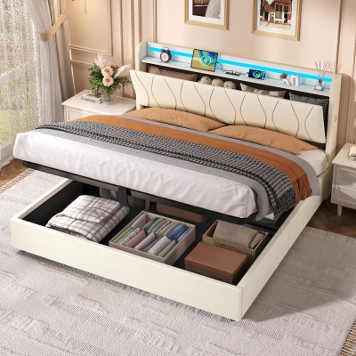 5ft King Upholstered Bed Frame with Hydraulic Storage and Charging Station, Beige