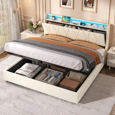 5ft King Upholstered Bed Frame with Hydraulic Storage and Charging Station, Beige