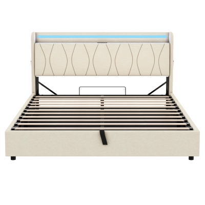 5ft King Upholstered Bed Frame with Hydraulic Storage and Charging Station, Beige