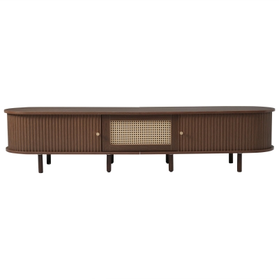 Oval TV Unit with Rattan Drawer and 2 Sliding Doors, Oak