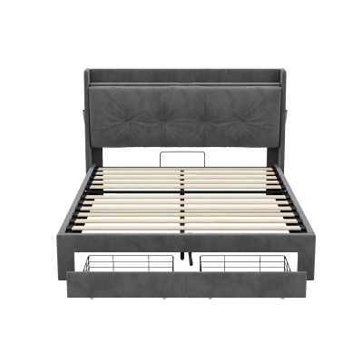 Double Ottoman Upholstered Bed Frame with Hydraulic Storage, Grey