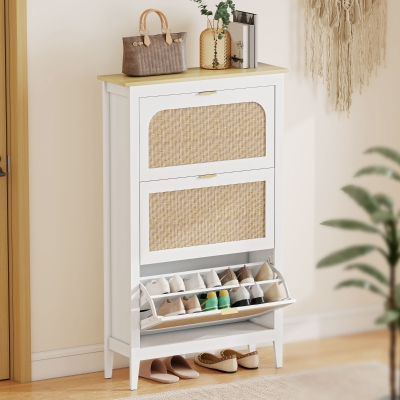 HOMCOM Meuble à chaussures 21 paires bohème avec 3 tiroirs rabattables, portes effet cannage rotin, 80 x 24 x 131 cm, blanc