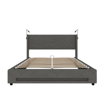 Modern Storage Bed Frame with Integrated Reading Lamps, Dark Gray