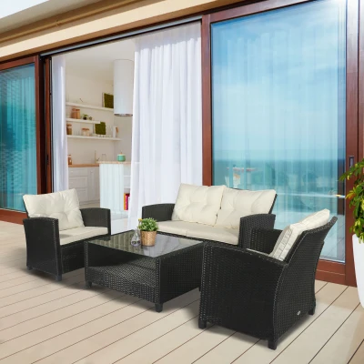 Outsunny Gartenmöbel-Set. 4-tlg., 2 Sessel, 1 Sofa, 1 Couchtisch, abnehmbare Polster, PE-Rattan, Schwarz