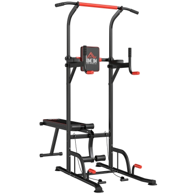 HOMCOM Torre Entrenamiento Energía Power Tower Estación Pull Up Multifuncional Ajustable en Altura con Banco Plegable Barra de Dominadas para Fitness 220x98x181-229 cm Negro