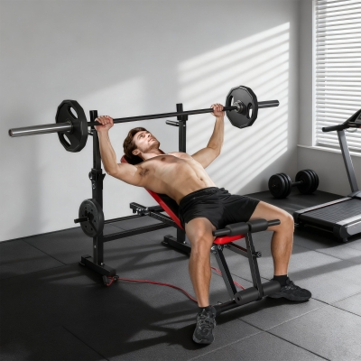 SPORTNOW Kraftbank Belastbar bis 420 kg mit Stangenhalter und verstellbarer Rückenlehne für Training zu Hause / Fitnessstudio