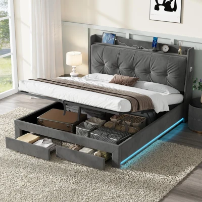 5ft King Ottoman Bed Frame with Two Drawers and Side Pockets, Grey