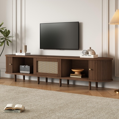 Oval TV Unit with Rattan Drawer and 2 Sliding Doors, Oak