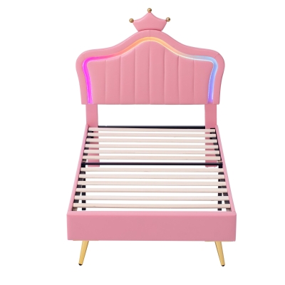 3ft Single Upholstered Bed with Adjustable Crown Headboard, Pink