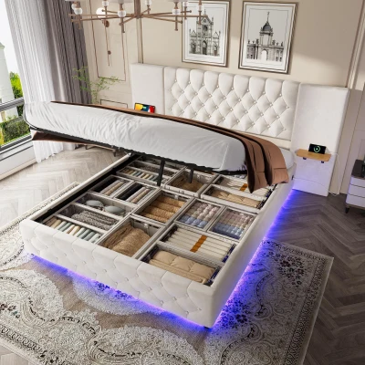 Modern Bed Frame with Wide Button-Tufted Headboard, Beige