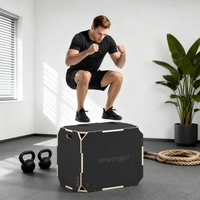 SPORTNOW Box Plyo 3-en-1 Bois Noir 3 Hauteurs Fitness