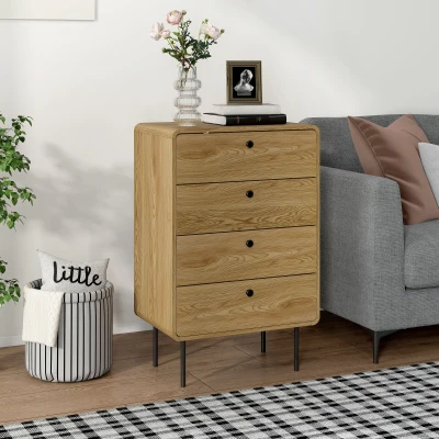 HOMCOM Commode 4 Tiroirs Chêne Pieds Acier 60x39x91,5 cm