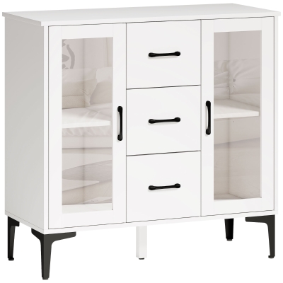HOMCOM Aparador moderno con puertas Soft-Close, buffet con 3 cajones, 2 puertas de cristal, estantes ajustables, MDF, blanco