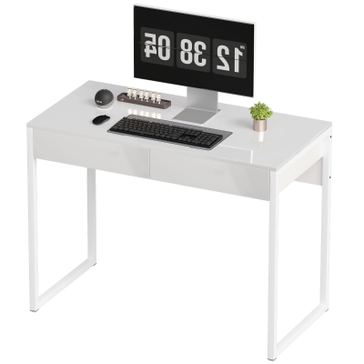 HOMCOM Bureau Moderne 100x50cm 2 Tiroirs Blanc Pieds Acier