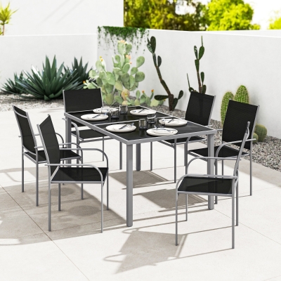 Outsunny Ensemble de jardin 6 chaises + 1 table en acier salon de jardin 7 pièces chaises empilables plateau en verre trempé noir