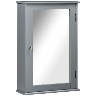 kleankin Wall-mounted bathroom cabinet with mirror - toilet storage cupboard - 1 door, 2 shelves - Glass and Wood gray