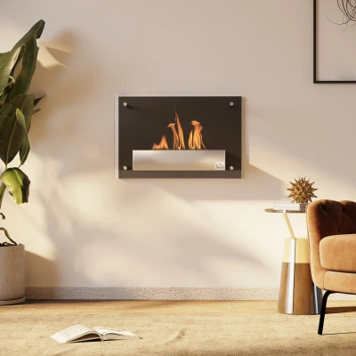 HOMCOM Wall-mounted Built-In Bioethanol Fireplace, 0.9 L Burner, approx. 3 h Burn Time, 60L x 22l x 40H cm, black