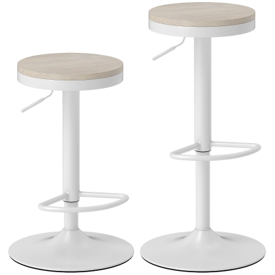 HOMCOM Set of 2 bar stools, swivel bar chairs with rubberwood seat, height adjustable with footrest, white