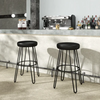 HOMCOM Set of 2 industrial-style bar stools with footrest, U-shaped legs, padded seat, black