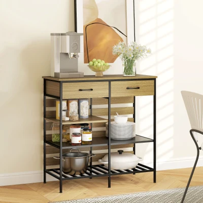 HOMCOM Kitchen sideboard, storage cabinet with 2 drawers and 3 open shelves, 90 x 40 x 91 cm, natural wood and black