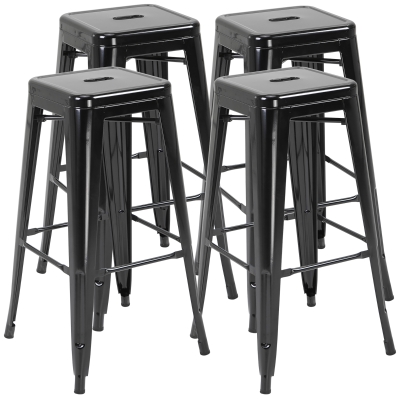 HOMCOM Set of 4 Stackable Bar Stools Tall Industrial Bar Chairs with Footrest Seat Height 76 cm, Metal Frame, Retro Style, for Dining Room, Balcony, Bistro or Bar, Black