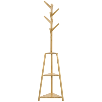 HOMCOM Bamboo Wooden Free-Standing Coat Rack Clothes Stand 8 Hooks 3 Shelves 46 x 46 x 175 cm Natural