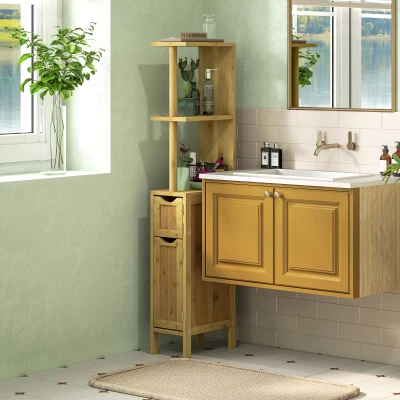 HOMCOM Bathroom storage column bathroom cabinet with 2 shelves 2 cabinets bamboo 18W x 30D x 120H cm natural wood