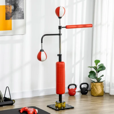 SPORTNOW Punching Bag Stand, two Speedballs, rotatable punching bar, kick pad, height-adjustable, steel, 107 x 36 x 140-205cm