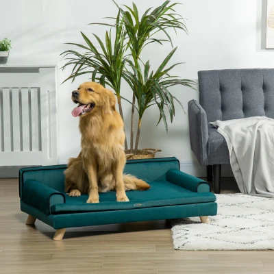PawHut Scandinavian-style dog and cat sofa removable plush cushion solid wood legs 100 x 62 x 32 cm teal